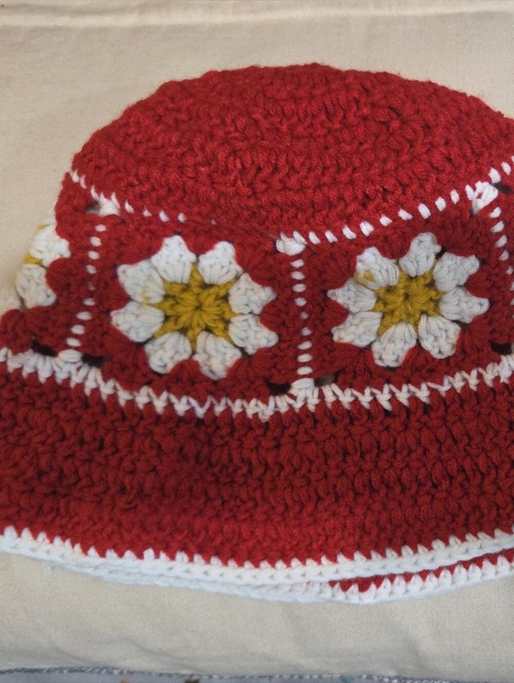 Red Crochet Bucket Hat with White & Yellow Daisy Accents
